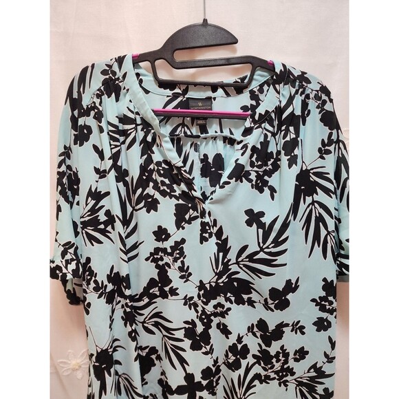 WORTHINGTON WOMENS XL BABY BLUE FLORAL LEAF BLOUSE SHEER V NECK TROPICAL POPOVER - Picture 6 of 12